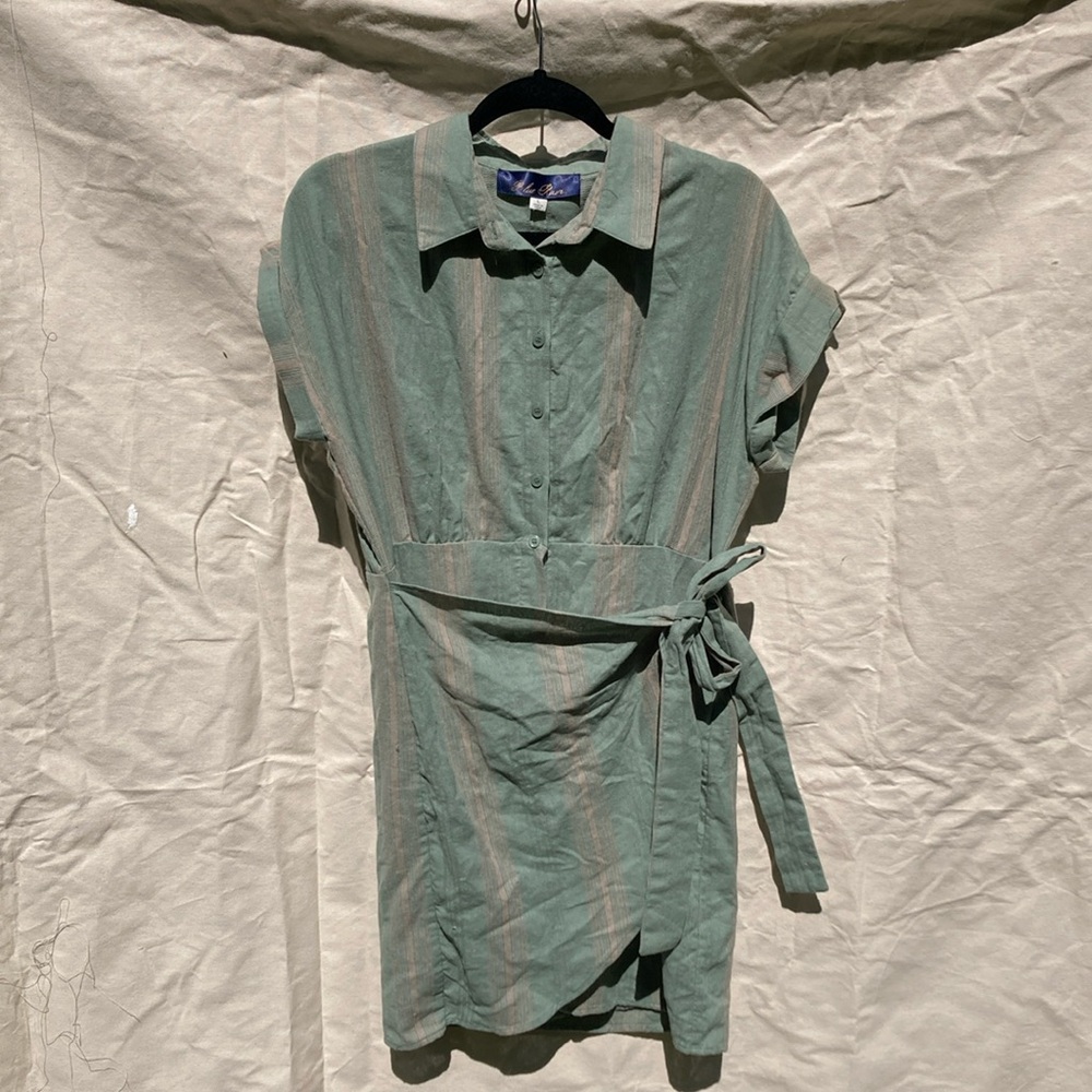 Blue rain striped Green Wrap Mini Dress with Notched Collar
